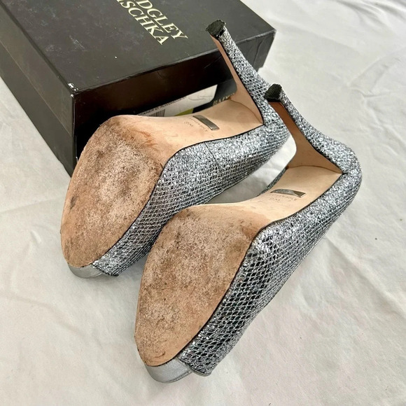 BADGLEY MISCHKA | HUMBIE II PEWTER GLITTER Sparkle Sequin Glitter Heels, Size 9 - Picture 10 of 10